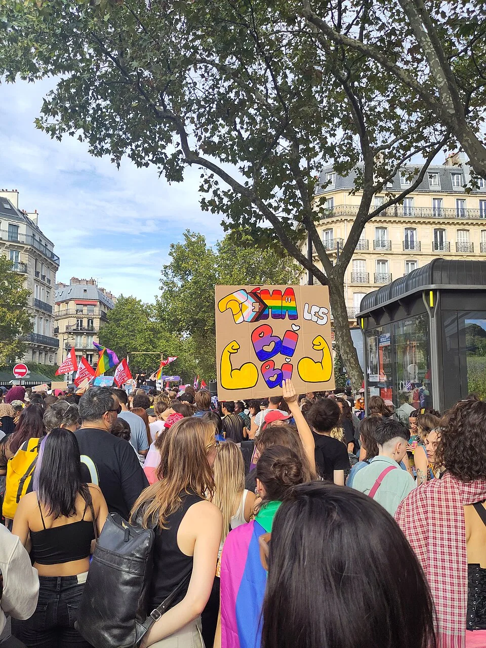 Pancarta con el texto «Téma les bi bi» durante «Orgullo de París — 3 de octubre de 2026» en Paris, Francia.
