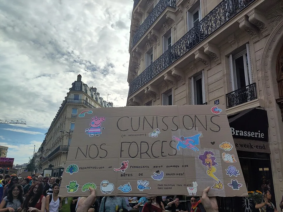 Protest sign reading “Cunnissons nos forces” at “Paris Pride — 3 October 2026” in Paris, France.