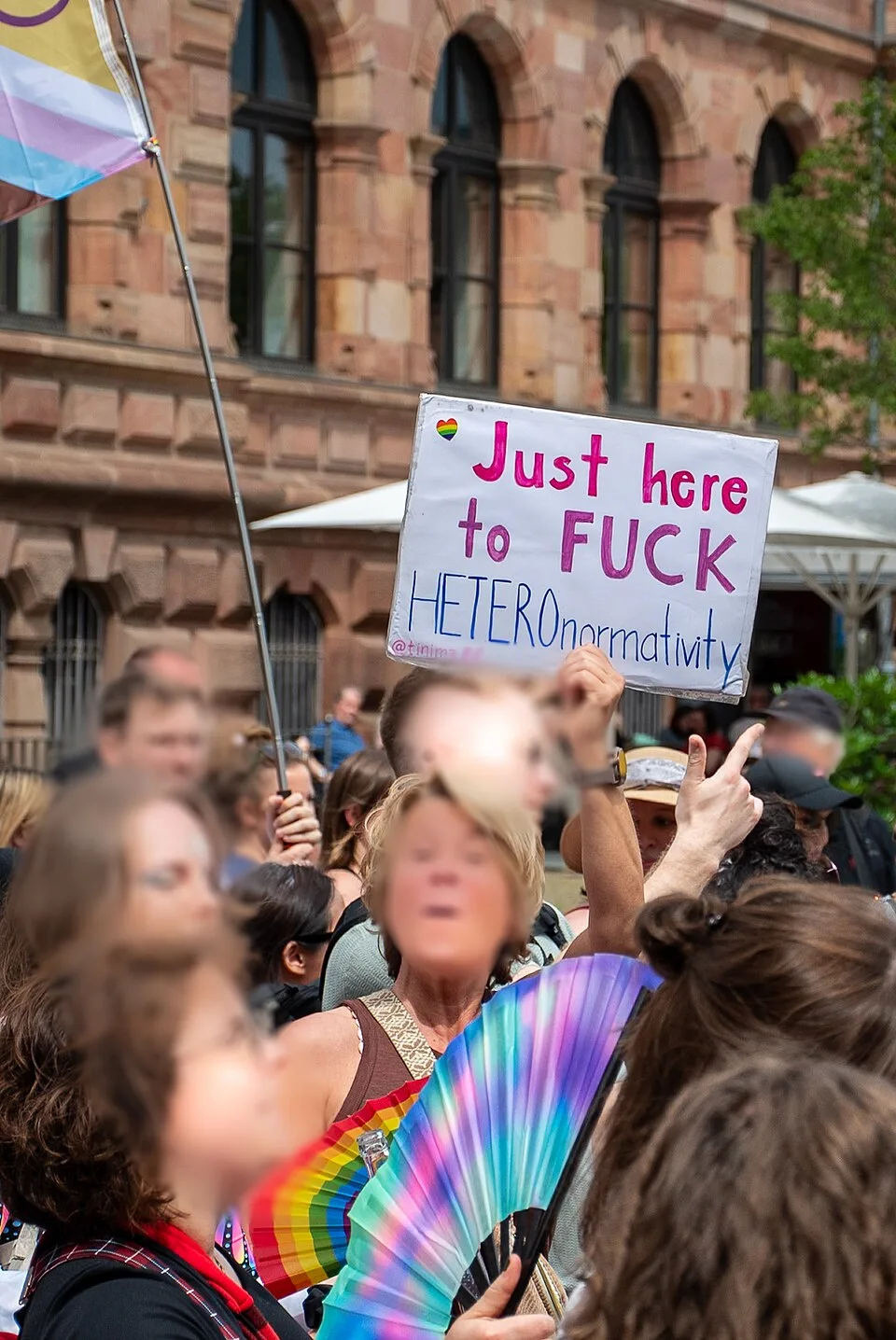 Pancarta con el texto «Just here to fuck heteronormativity», fotografiada en Wiesbaden, Alemania.