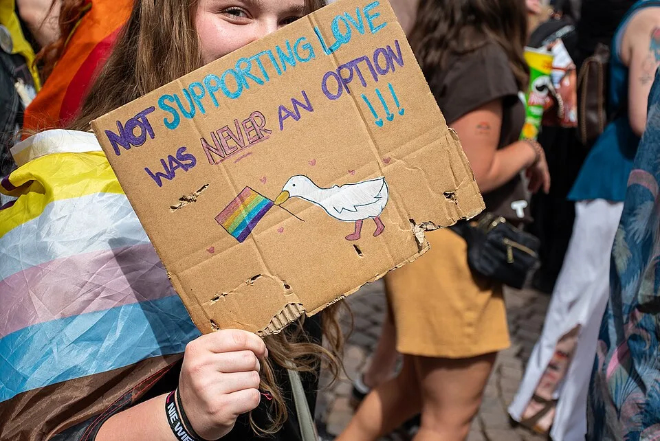 Pancarta con el texto «Not supporting love was never an option!!!», fotografiada en Wiesbaden, Alemania.