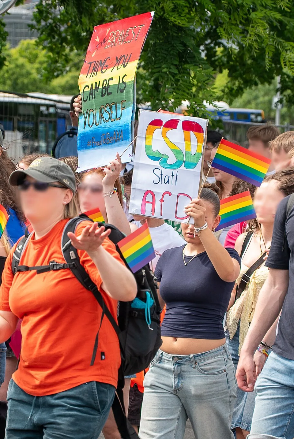 Pancarta con el texto «CSD statt AfD», fotografiada en Wiesbaden, Alemania.