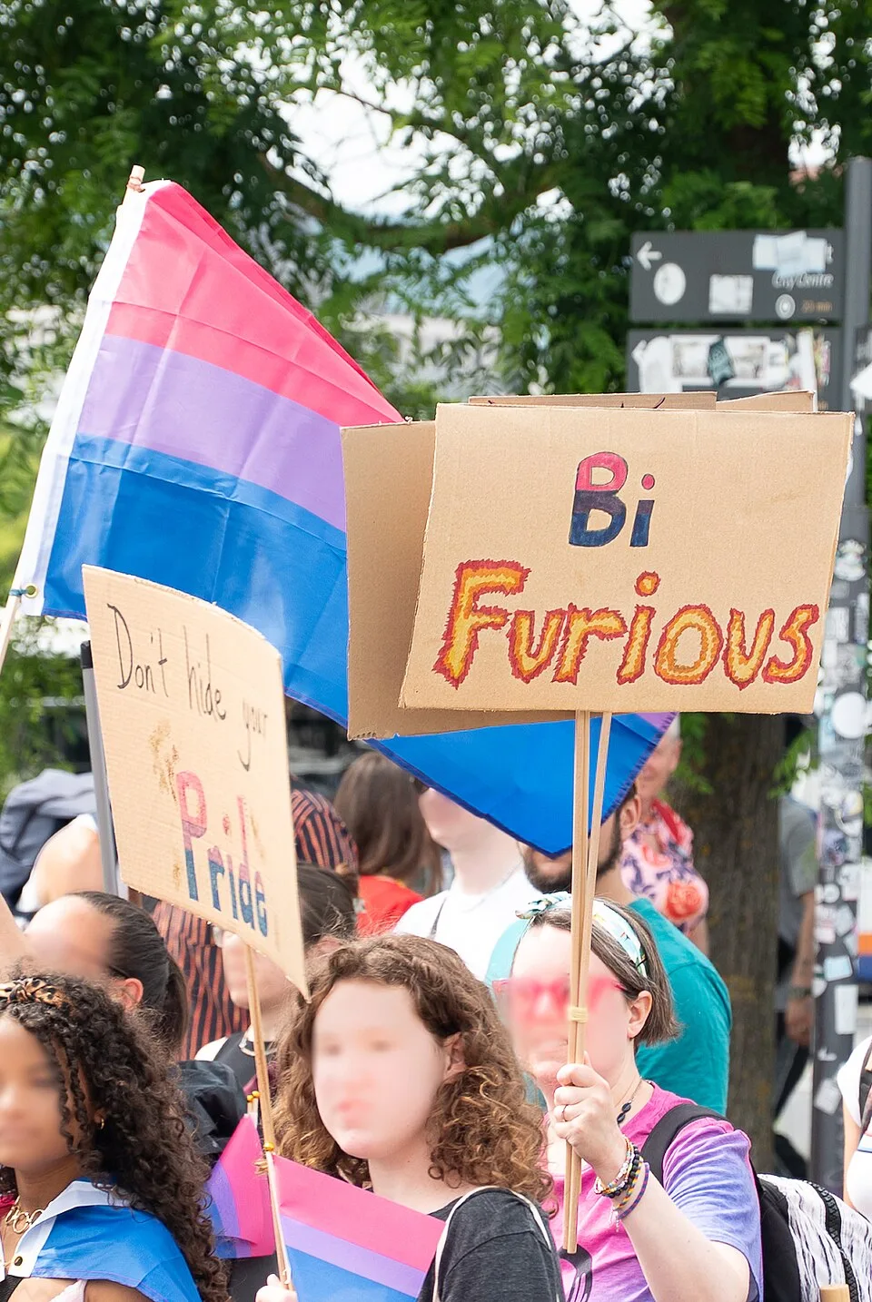 Pancarta con el texto «Bi Furious», fotografiada en Wiesbaden, Alemania.
