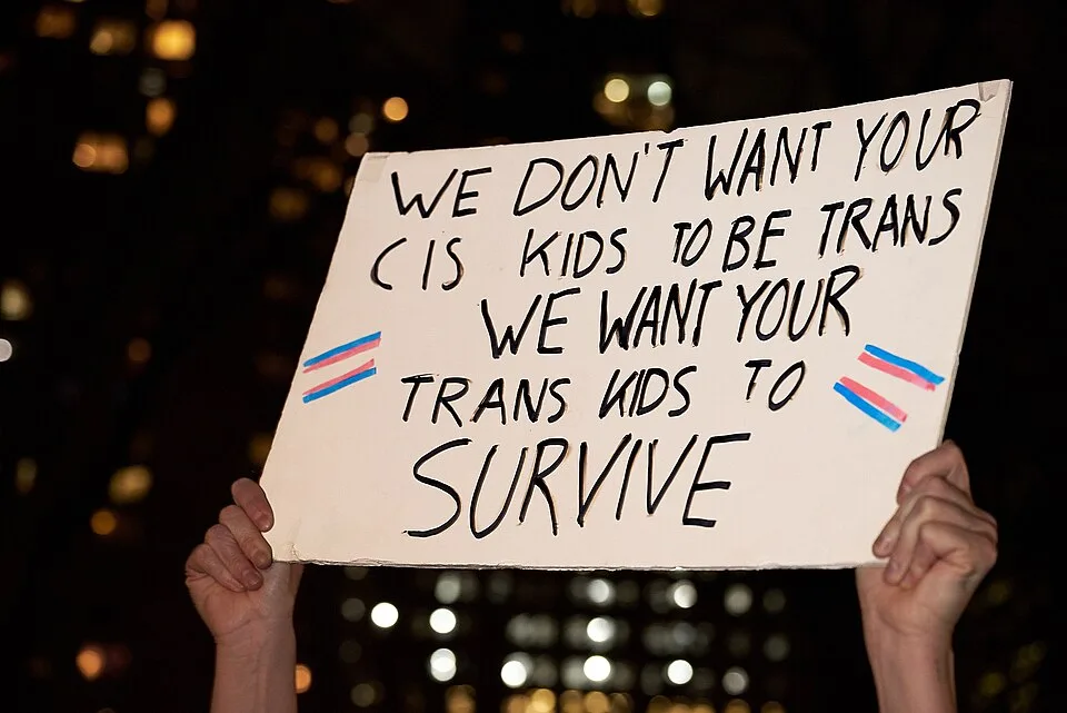 Protest sign reading “We don't want your cis kids to be trans. We want your trans kids to survive”