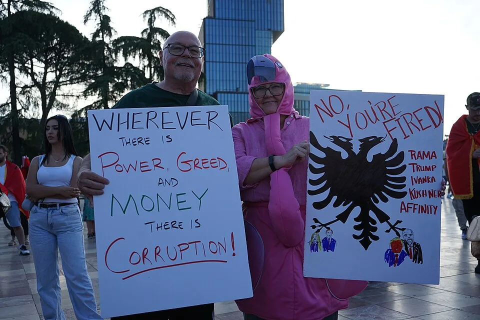 Protest sign reading “No, you're fired!”, photographed in Tirana, Albania.