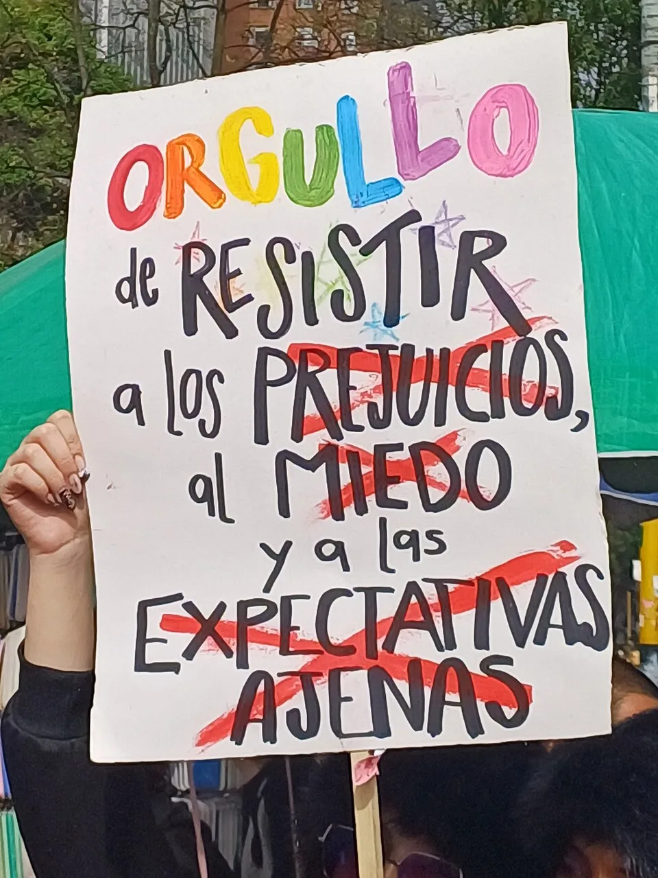 Protest sign reading “Orgullo de resistir a los prejuicios, al miedo y a las expectativas ajenas”, photographed in Bogotá, Colombia.