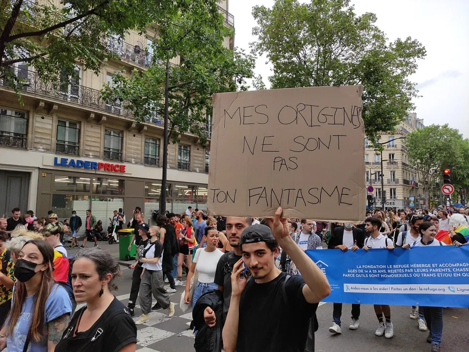 لافتة مظاهرة كُتب عليها «Mes origines ne sont pas ton fantasme»، صُوّرت في Paris, فرنسا.