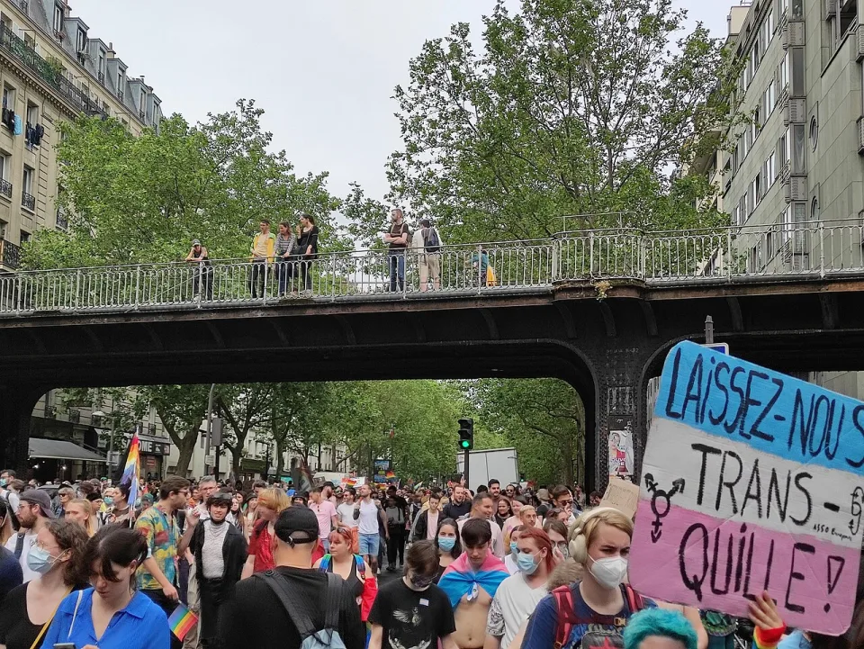 لافتة مظاهرة كُتب عليها «Laissez-nous trans-quille»، صُوّرت في Paris, فرنسا.