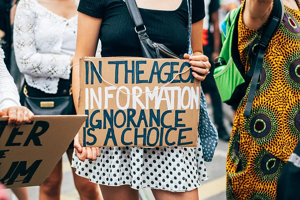 لافتة احتجاج مكتوب عليها «In the age of information, ignorance is a choice»