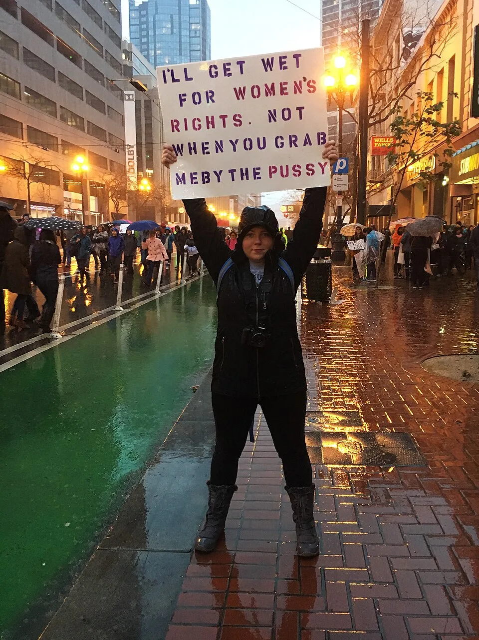 لافتة مظاهرة كُتب عليها «I'll get wet for women's rights. Not when you grab me by the pussy»، صُوّرت في San Francisco, الولايات المتحدة.