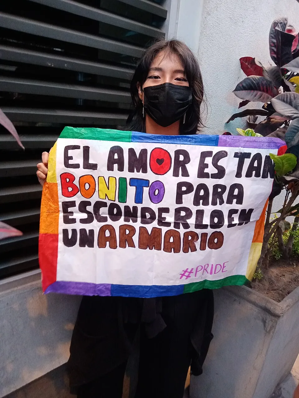 لافتة مظاهرة كُتب عليها «El amor es tan bonito para esconderlo en un armario»، صُوّرت في Lima, بيرو.