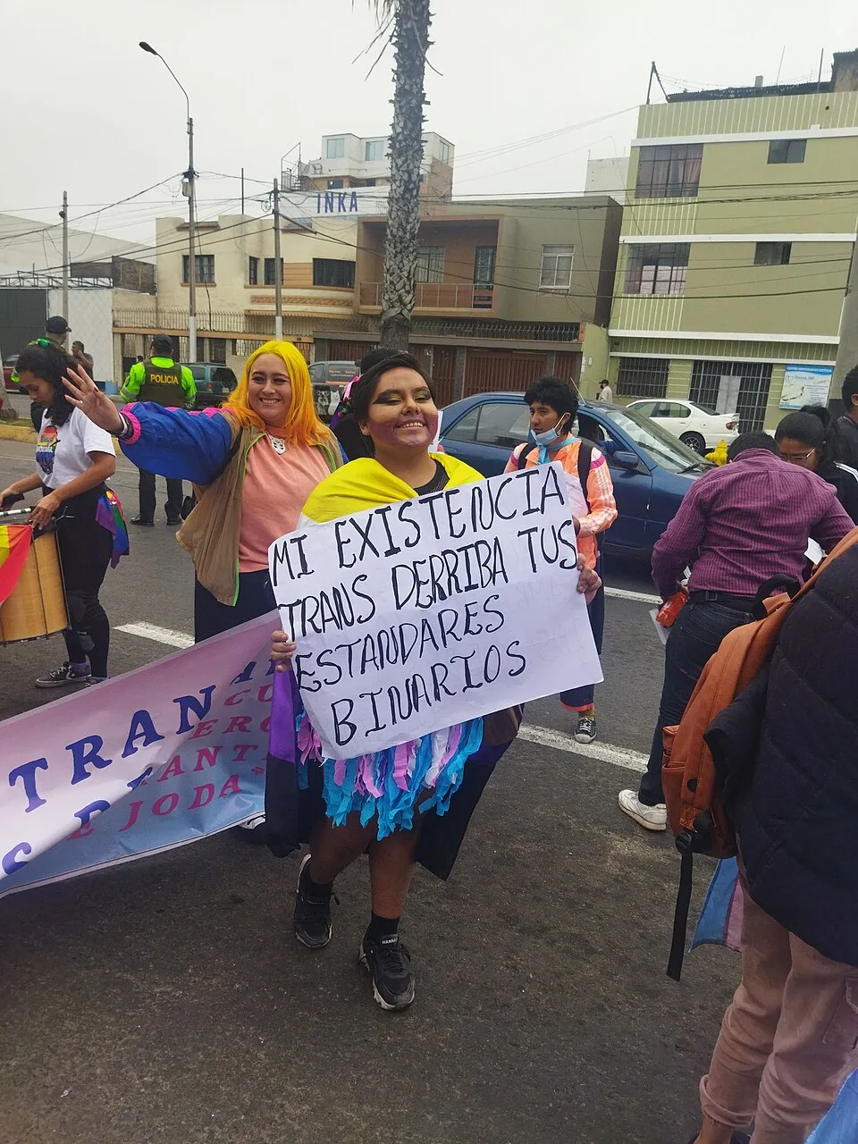 لافتة احتجاج مكتوب عليها «Mi existencia trans derriba tus estándares binarios»