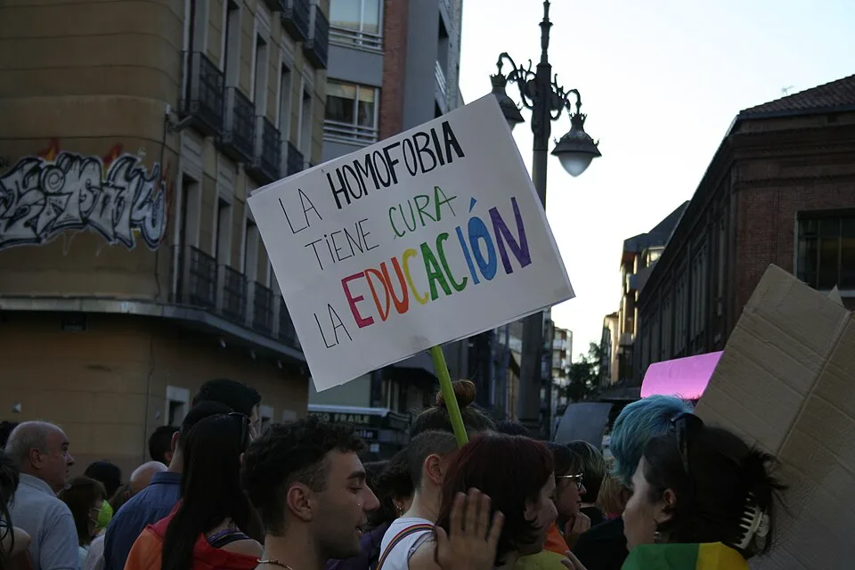 لافتة مظاهرة كُتب عليها «La homofobia tiene cura: la educación»، صُوّرت في Valladolid, إسبانيا.