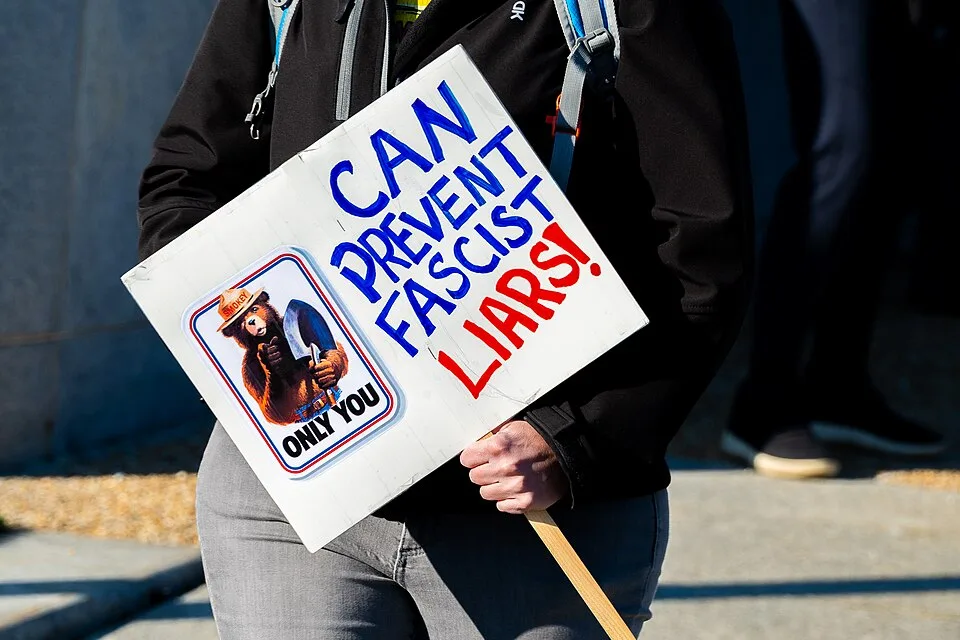 Pancarta con el texto «Only you can prevent fascist liars!», fotografiada en Washington, Estados Unidos.