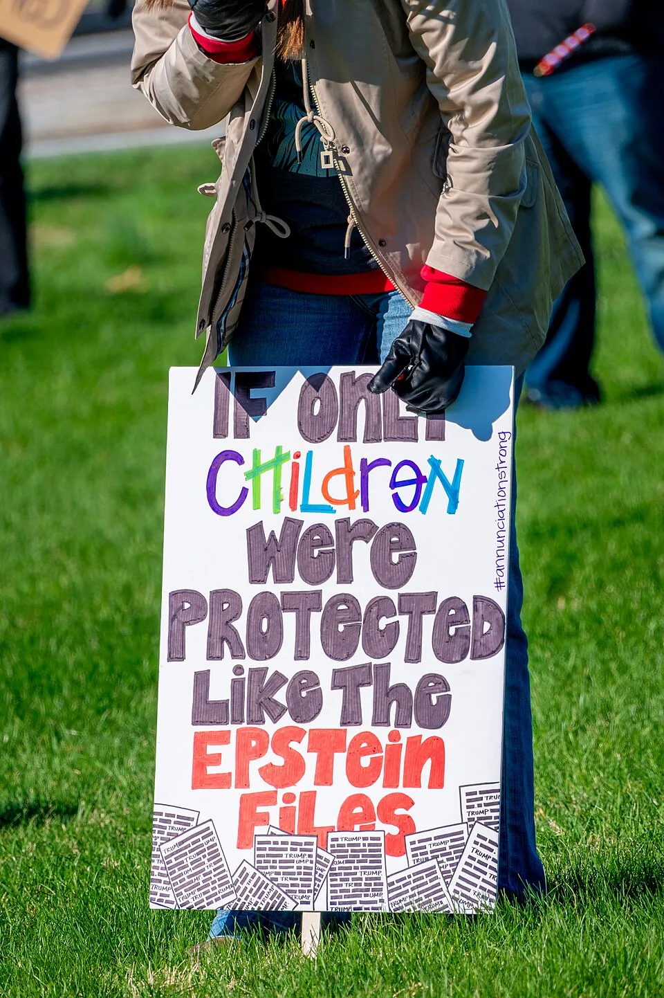 Pancarta con el texto «If only children were protected like the Epstein files», fotografiada en Washington, Estados Unidos.