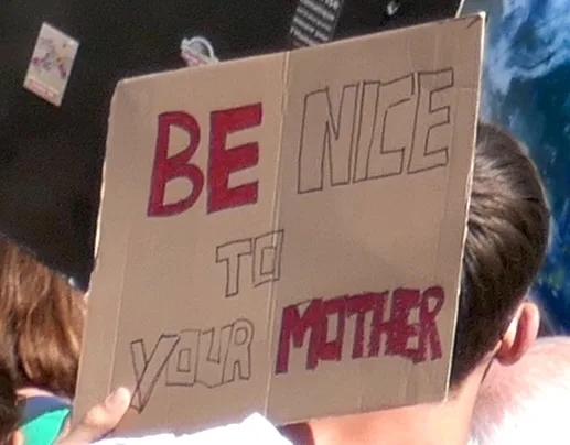 لافتة مظاهرة كُتب عليها «Be nice to your mother»، صُوّرت في Bern, سويسرا.