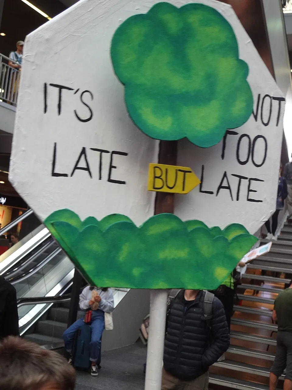 Pancarta con el texto «It's not too late, but late», fotografiada en Bern, Suiza.