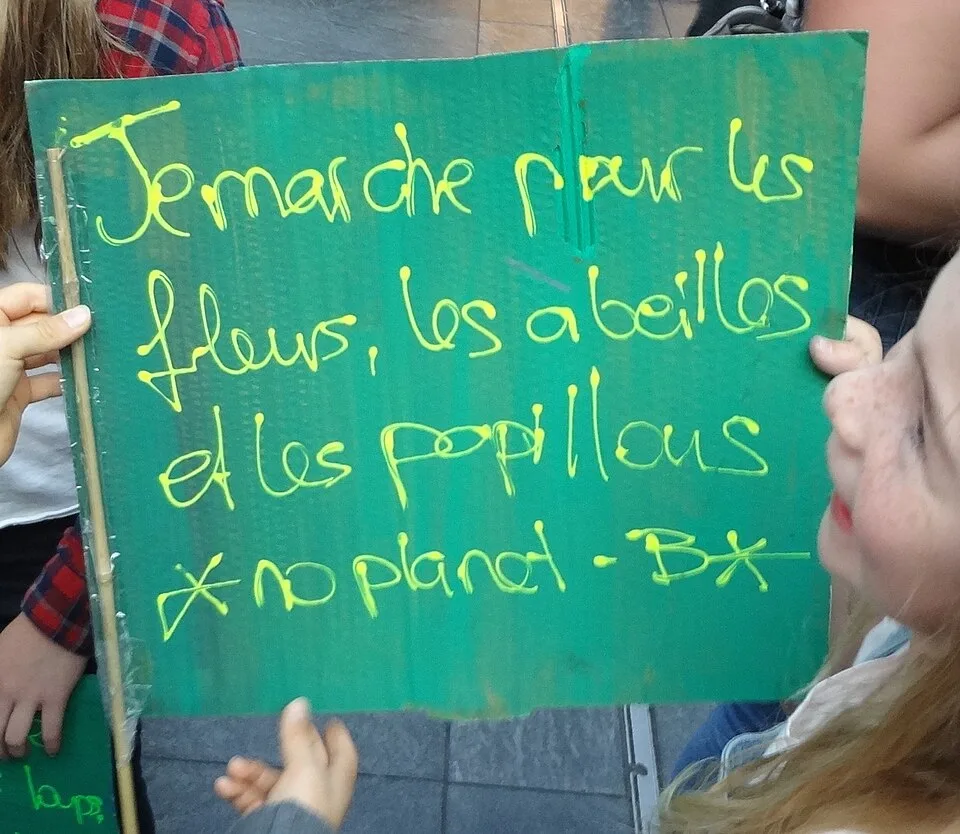 Pancarta con el texto «Je marche pour les fleurs, les abeilles et les papillons», fotografiada en Bern, Suiza.