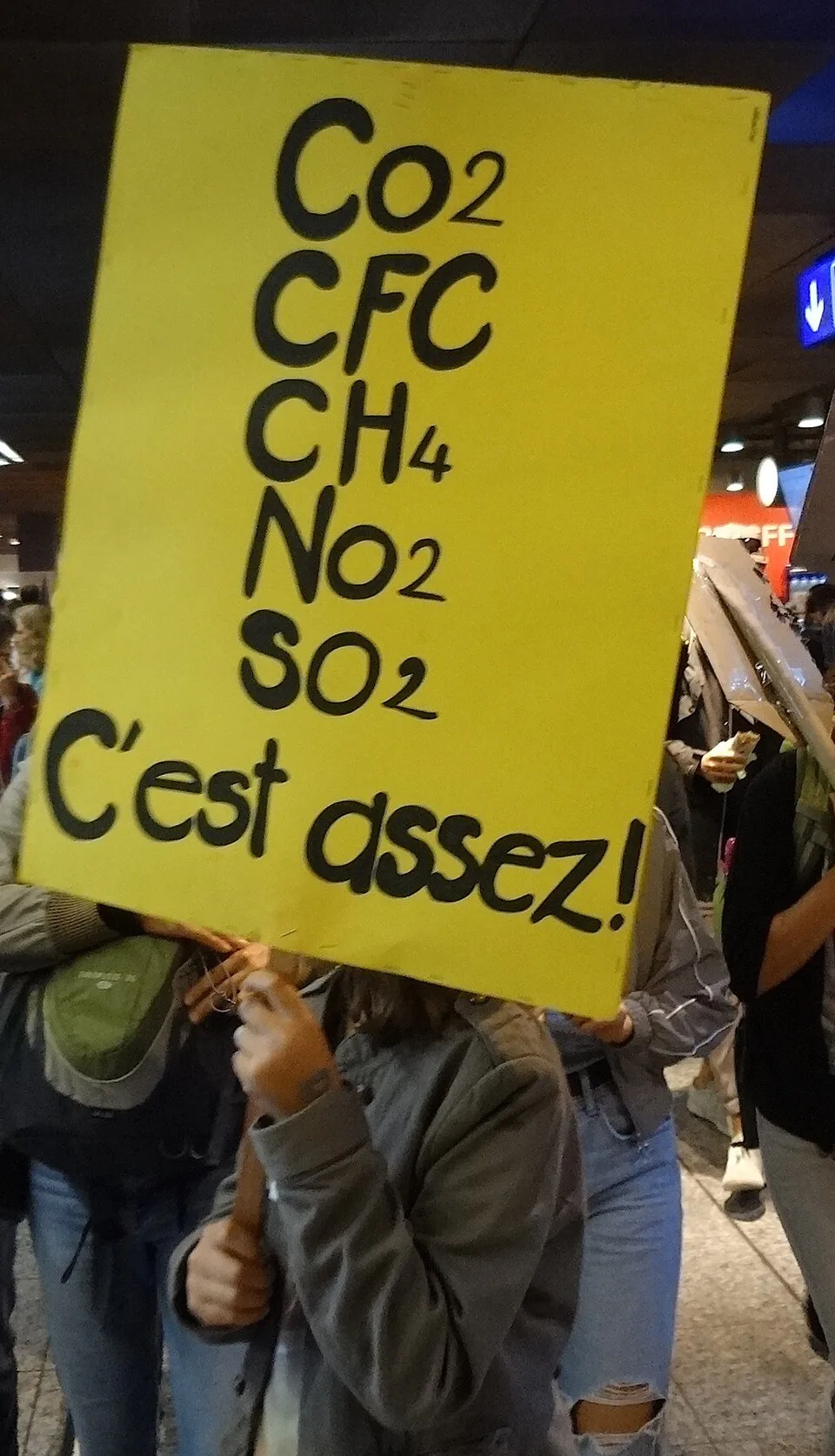 Pancarta con el texto «CO₂, CFC, CH₄, NO₂, SO₂… C'est assez !», fotografiada en Bern, Suiza.