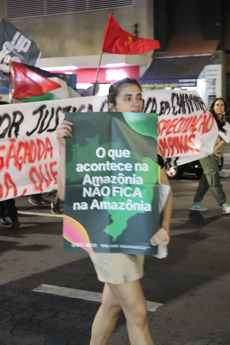 Pancarta de protesta que dice «O que acontece na Amazônia não fica na Amazônia»