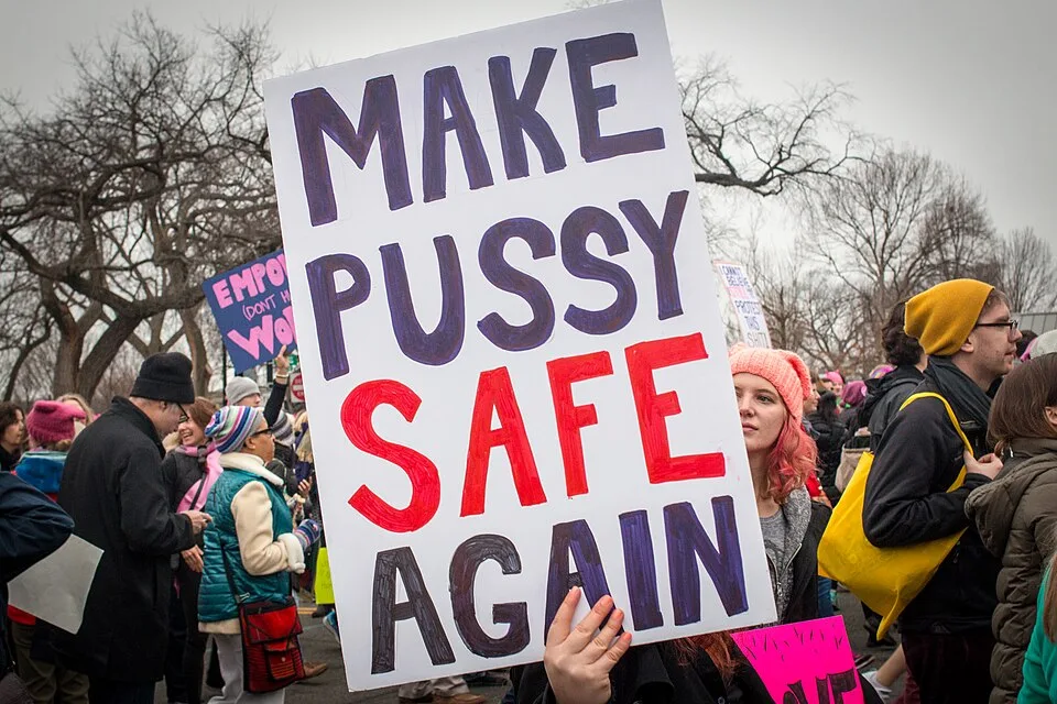 لافتة مظاهرة كُتب عليها «Make pussy safe again»، صُوّرت في Washington, الولايات المتحدة.