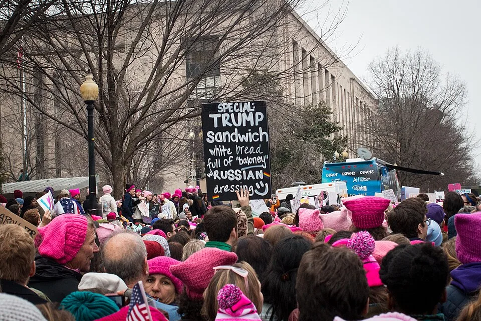 لافتة مظاهرة كُتب عليها «Special: Trump sandwich. White bread, full of baloney, Russian dressing.»، صُوّرت في Washington, الولايات المتحدة.