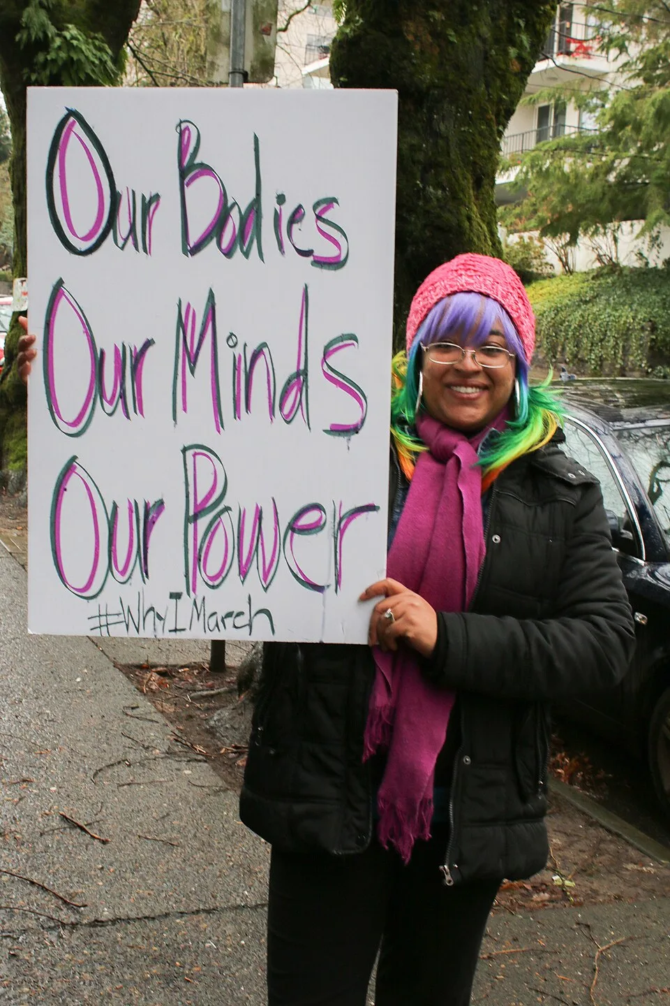 Protestbord met de tekst ‘Our bodies, our minds, our power’, gefotografeerd in Portland, Verenigde Staten.
