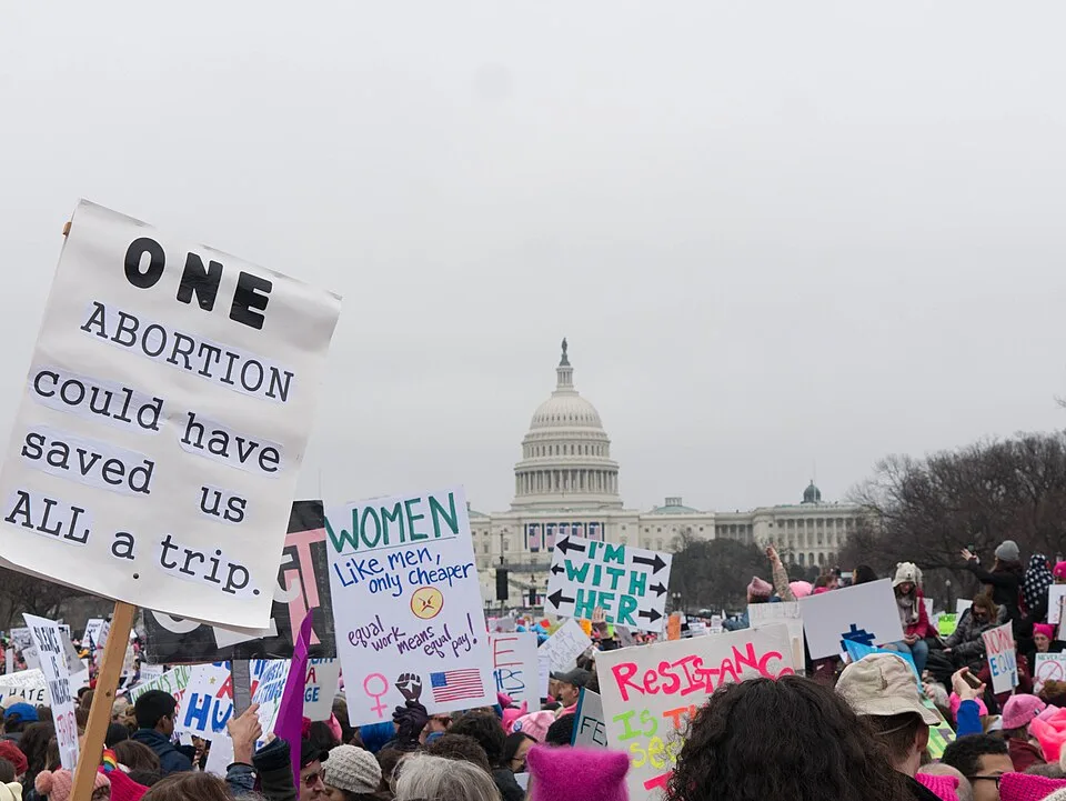 Protest sign reading “One abortion could have saved us all a trip”, photographed in Washington, United States.
