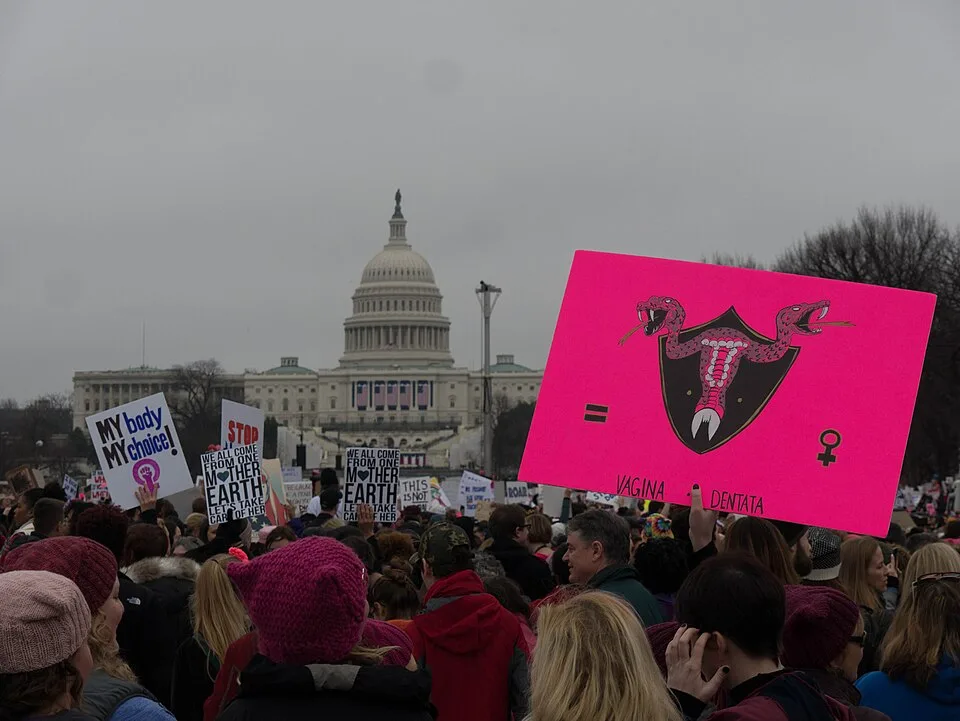 Protest sign reading “Vagina ≠ inferior”, photographed in Washington, United States.