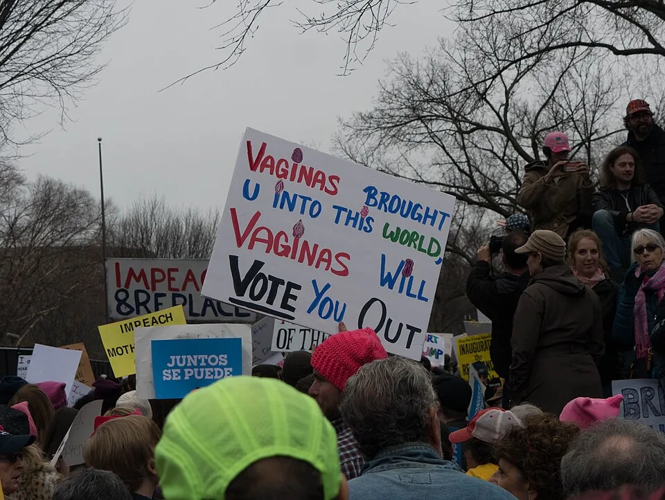 Protest sign reading “Vaginas brought U into this world. Vaginas will vote you out.”, photographed in Washington, United States.