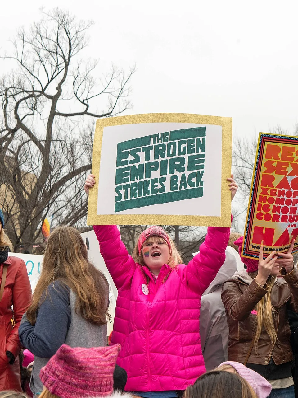Protest sign reading “The estrogen empire strikes back”, photographed in Washington, United States.
