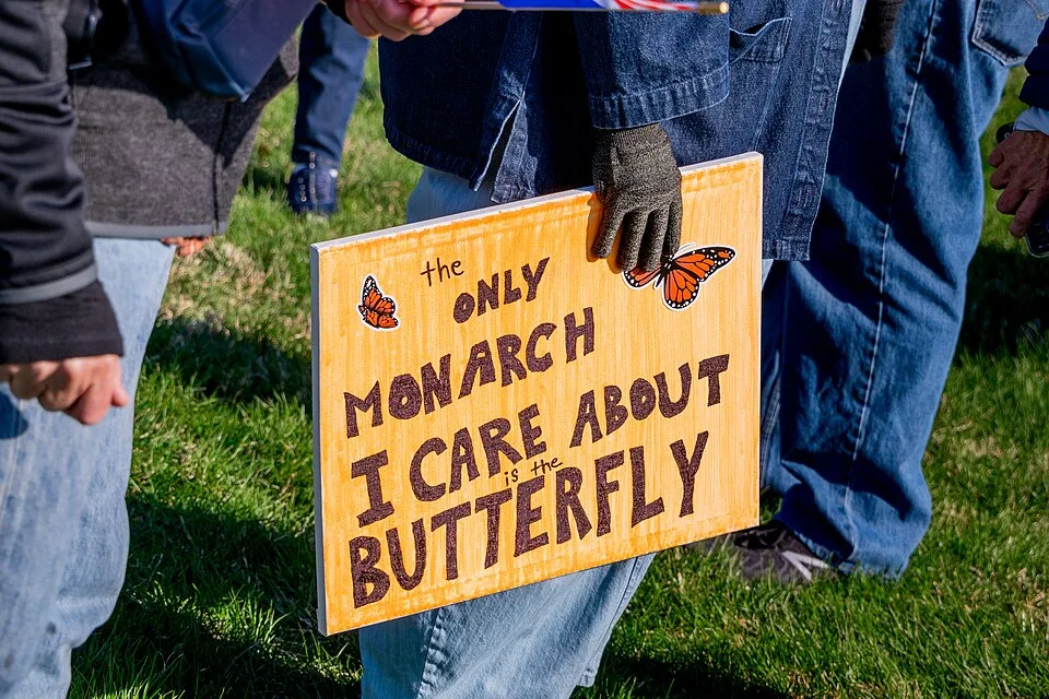 Protest sign reading “The only monarch I care about is the butterfly”, photographed in Washington, United States.